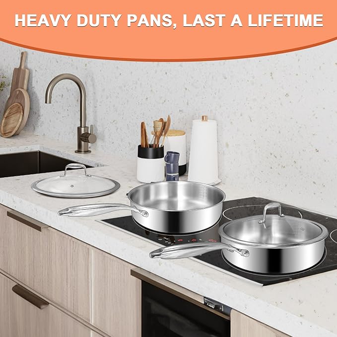 EWFEN 12 Inch Tri-Ply Stainless Steel Frying Pan, Deep Frying Pan with lids, Compatible with All Cooktops Up to 600℉, Induction Cooking Pan, Dishwasher and Oven Safe, Fast & Even Heat