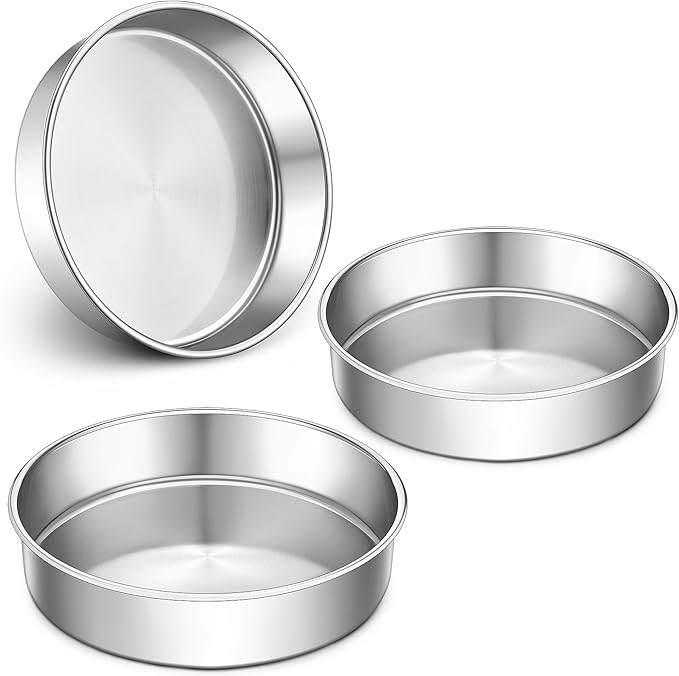 LIANYU 9 Inch Round Cake Pan Set of 3, Stainless Steel Layer Deep Round Baking Cake Pan Set, Metal Baking Tins Mold Perfect for Brownie Lasagna, Dishwasher & Oven Safe