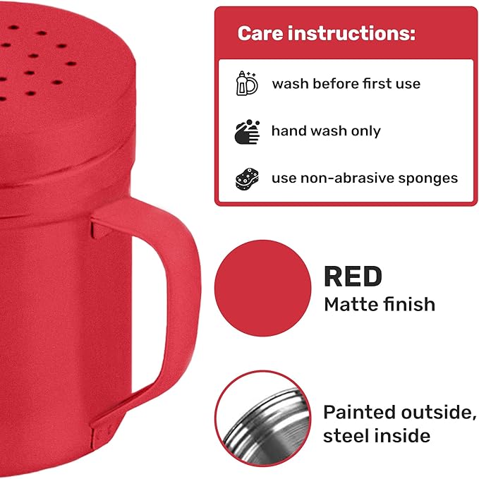 CUSINIUM 6oz Red Stainless Steel Salt Pepper Dredge Shakers - With Plastic Cap - With Handle - Pack of 2