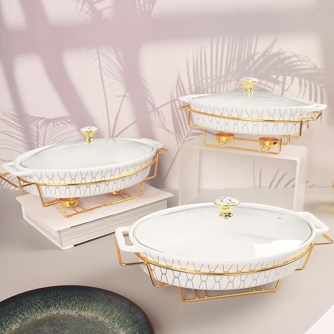 11" x 7.5" Ceramic Oval Casserole Dish with Glass Lid and Gold rack, 40 Ounce Serving Soup Tureen,Chafing Dish for Buffet, Family Food preserve Tray, Catering Casserole for Party Style, White