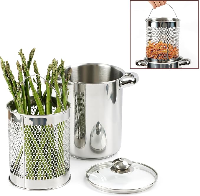 Asparagus Pot Deep Fryer Pot, Stainless Steel Steam Cooker with Basket and Lid Vegetable Asparagus Cooker for Pasta, Spaghetti, Japanese Tempura Small Deep Frying Pot with Oil Drip Drainer Rack, 4 Qt