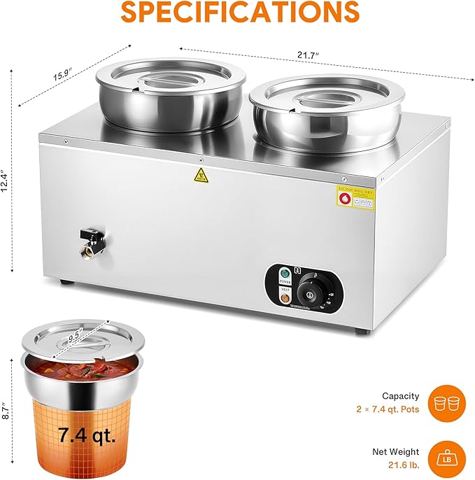 WILPREP Commercial Food Warmer with Two 7.4 QT Inserts, 1500W Countertop Electric Steam Table, 86-185°F Adjustable Temp Control & Over-Temp Protection, Stainless Steel