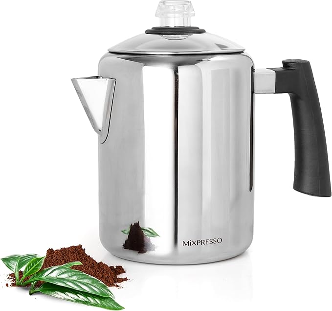 Mixpresso Stainless Steel Coffee Percolator Stovetop, 37oz Classic Percolator Coffee Pot, Great For Camping Pot, 5-8 Cup Stove Top Espresso Maker, Cool-Touch Handle
