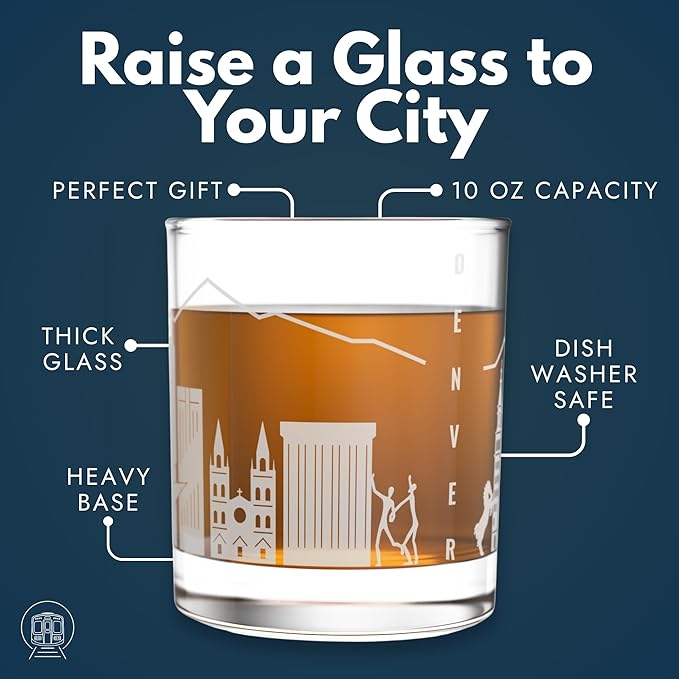 Greenline Goods – Denver, CO Skyline Whiskey Glasses (Set of 2), 10 oz – Rocks/Old Fashioned Tumblers