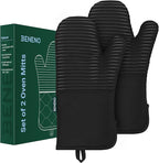 Beneno Kitchen Oven Mitts 2-Pack Heat Resistant to 500°F with Non-Slip Silicone Grip, Extra Long 14.3" Forearm Protection, Soft Quilted Cotton Terry Lining, Ideal for Cooking, Baking, Grilling, Black