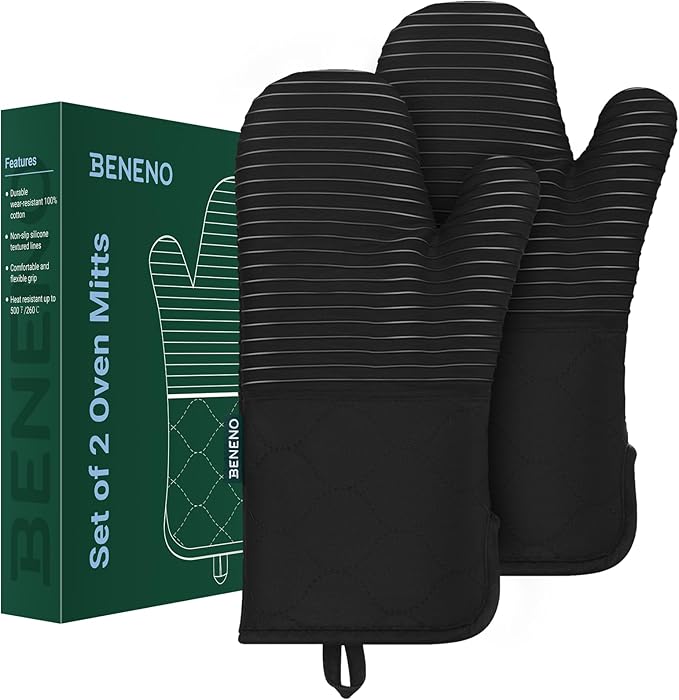 Beneno Kitchen Oven Mitts 2-Pack Heat Resistant to 500°F with Non-Slip Silicone Grip, Extra Long 14.3" Forearm Protection, Soft Quilted Cotton Terry Lining, Ideal for Cooking, Baking, Grilling, Black