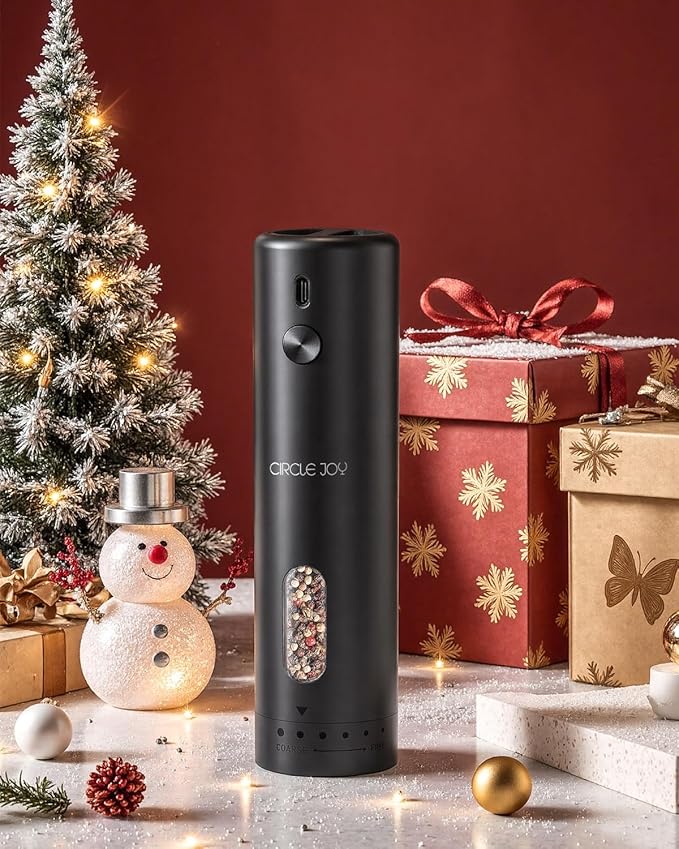 CIRCLE JOY Electric Pepper Grinder Rechargeable, Automatic Pepper Mill with 110ml Container, External Adjustable Coarseness, White Led Light and One-Handed Operation, Black