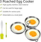 Stainless Steel Egg Poacher - 3 Cup Nonstick Poached Egg Maker with Oil Brush and Spoon for Breakfast