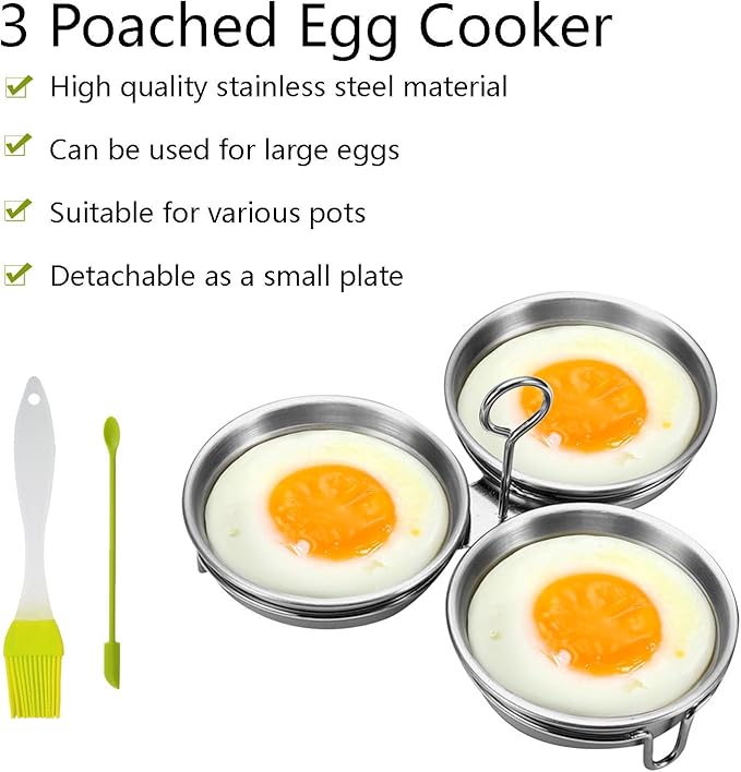 Stainless Steel Egg Poacher - 3 Cup Nonstick Poached Egg Maker with Oil Brush and Spoon for Breakfast