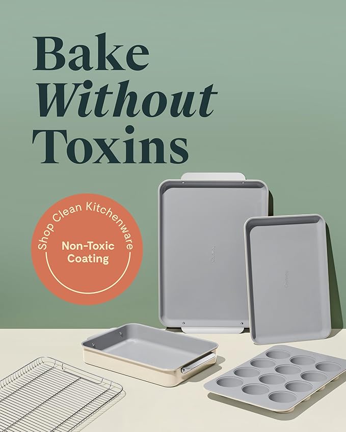 Caraway Nonstick Ceramic Bakeware Set (5 Pieces) - Baking Sheets, Assorted Baking Pans & Storage - Aluminized Steel Body - Non Toxic, PTFE & PFOA Free - Cream