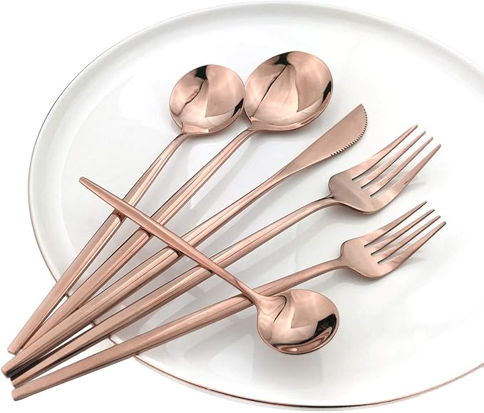 Copper 36-Pieces Silverware Flatware Mirror Polished Dinnerware, 18/0 Stainless Steel Rose Gold Cutlery Set For Home Kitchen Party Hotel Restaurant Wedding Service for 6