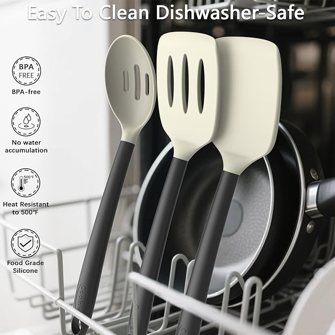 Coukre Silicone Kitchen Cooking Utensils Set with Holder – Heat-Resistant, Food-Grade Kitchen Tools, Spatula, Spoon & Gadgets for Non-Stick Pans, Dishwasher Safe (14, Beige)