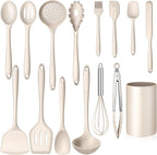 15-Piece Kitchen Cooking Utensils Set with Holder, Homikit Heat Resistant Food Grade Silicone Kitchen Utensils include Slotted Spatula Ladle Turner for Nonstick Cookware, Dishwasher Safe- Khaki