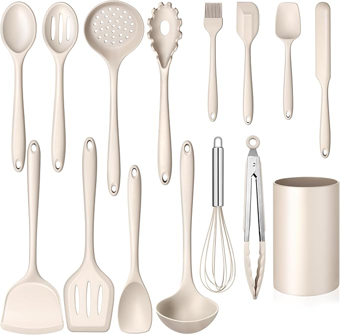 15-Piece Kitchen Cooking Utensils Set with Holder, Homikit Heat Resistant Food Grade Silicone Kitchen Utensils include Slotted Spatula Ladle Turner for Nonstick Cookware, Dishwasher Safe- Khaki