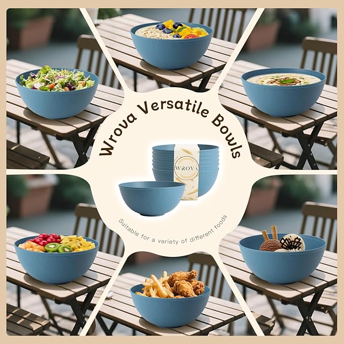 Wheat Straw Salad Bowls for Kitchen set of 6,Anit-Scald Thick Soup Bowls 40oz,Microwave and Dishwasher Safe Bowl set easy to clean. Blue