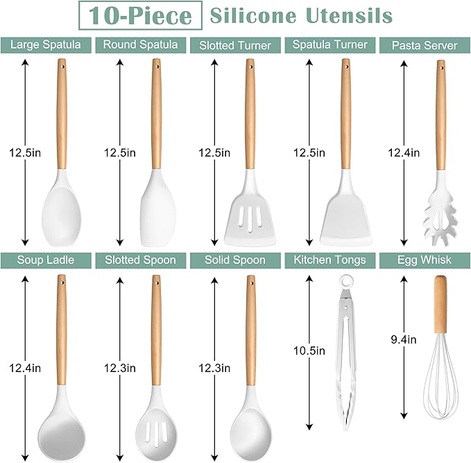 E-far Silicone Cooking Utensils Set, 446℉ Heat Resistant 10PCS Kitchen Utensils Set with Wooden Handle for Nonstick Cookware, Kitchen Tools Spatula Whisk Tongs Ladle, Non-toxic & Healthy, White