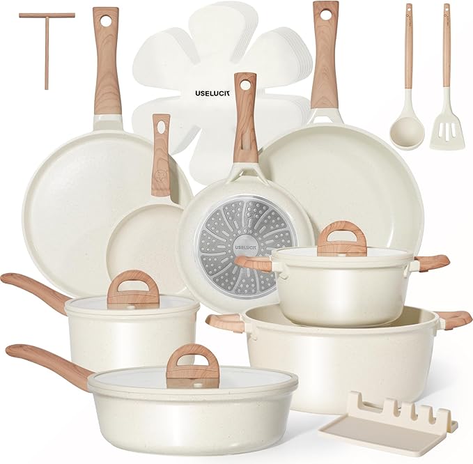 Pots and Pans Set Non Stick Non-Toxic 22 Pcs Ceramic Cookware Sets Nonstick Kitchen Pot&Pan With Lid Cream White Granite Induction Compatible with Glass Lids Crepe Frying Pan PFOA/PFOS-Free