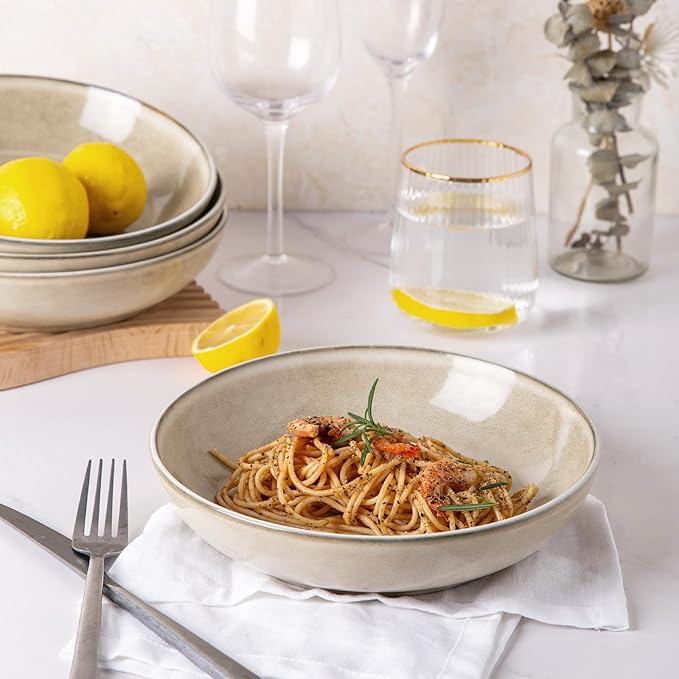 AmorArc 8.5'' Large Pasta Bowls, 36oz Ceramic Salad Serving Bowls Set of 6 for Kitchen, Wide Stoneware Bowls for Pasta,Salad,Fruit,Bread, Microwave Safe, Cappuccino