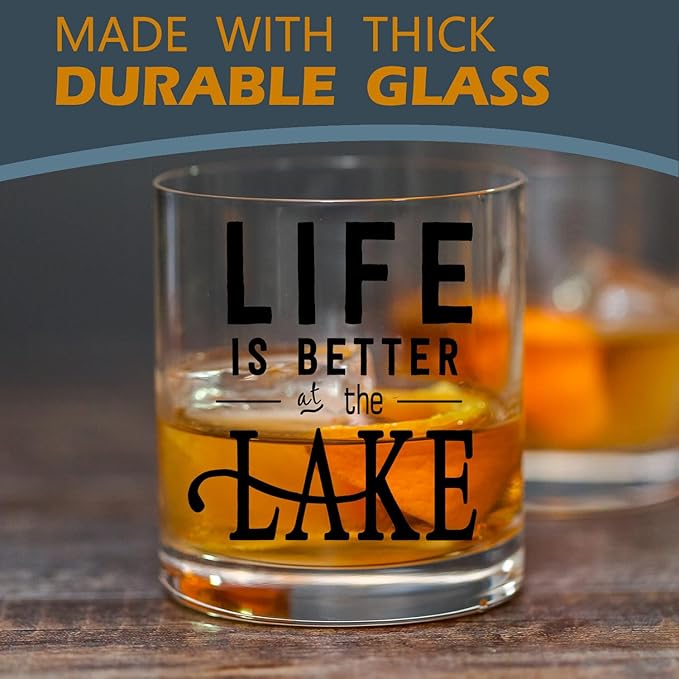 kunlisa Lake Lovers Gifts Whiskey Glasses, Lake House Decor and Gifts, Life Is Better at the Lakes 10 oz Drinking Rocks Glasses for Women Men Whisky Cocktail Scotch Bourbon Liquor