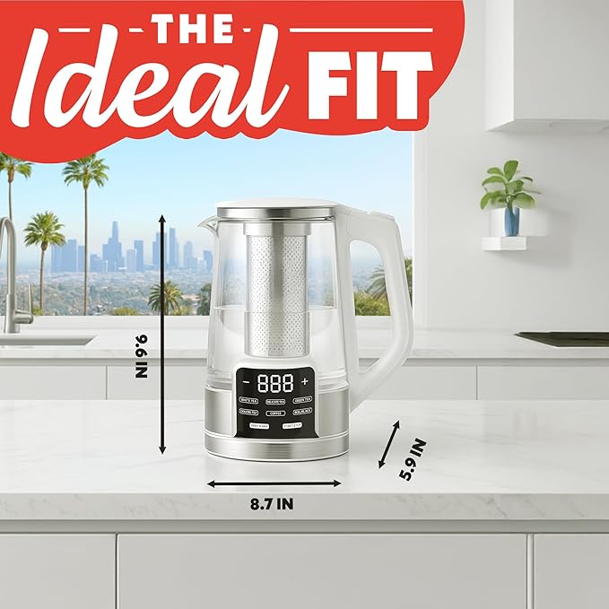 Gourmia Electric Programmable Glass Kettle – 1.7L Temperature Control Tea & Coffee Kettle with Digital Touch Display, 6 Presets, Keep Warm, Removable Stainless Steel Infuser, 360° Swivel Base – White