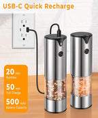 Rechargeable Electric Salt and Pepper Grinder Set - Extra Large Capacity - Automatic Black Peppercorn & Sea Salt Spice Mill Set with Adjustable Coarseness & LED Light Refillable