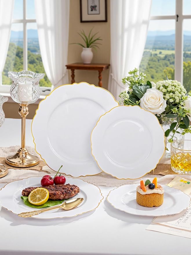 WDF 60pcs Gold Plastic Dinner Plates -10.25inch Baroque White and Gold Wedding Plates Fancy Heavy Duty Fall Plastic Plates for Upscale Thanksgiving Parties & Wedding & Birthday