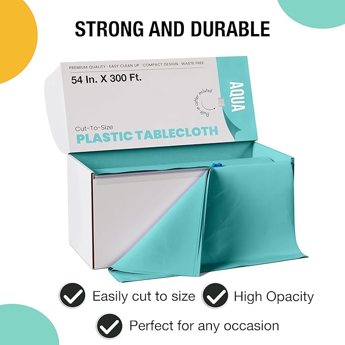 Exquisite Party Solids 54 Inch X 300 Feet Aqua Plastic Table Cover Roll in A Cut - to - Size Box with Convenient Slide Cutter. Cuts Up to 36 Rectangle 8 Feet Plastic Disposable Tablecloths