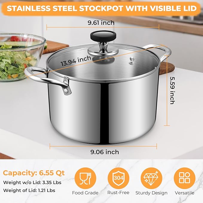 Tri-Ply Stainless Steel Stock Pot, 6.5 Quart Heavy Duty Induction Cooking Pot with Visible Lid for Pasta, Soup, Spaghetti, Sturdy & Double Handle, Dishwasher Safe