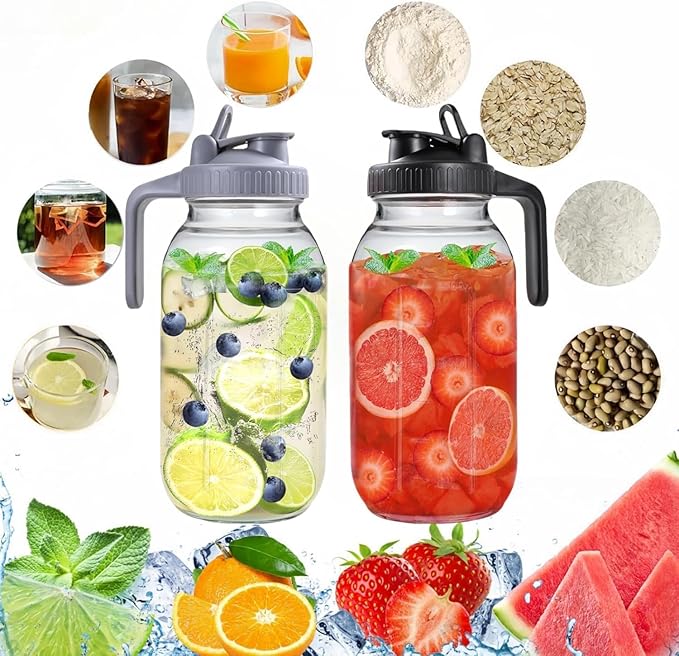 2 Pack 64 oz Glass Pitcher With Lid, Mason Jar Pitcher, Glass Sun Tea Jar for Ice Tea, 2 Quart Breast Milk Jug with Flip Cap Leak Proof, Cold Brew Coffee