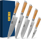 5 Pieces Kitchen Knife Sets, Ultra Sharp Professional Damascus Super Steel Chef Knives Sets with Ergonomic Olive Wood Handle, Including Chef, Bread, Santoku, Utility & Paring Knives