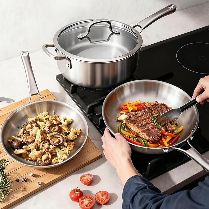 Bonnlo 11 Pieces Cookware Set, 3-Ply Stainless Steel Pots and Pans Set with Lids, Non-Toxic Kitchen Set, Oven & Dishwasher Safe, Induction Cooking Set, PFOA & PTFE Free, Compatible for All Cooktops