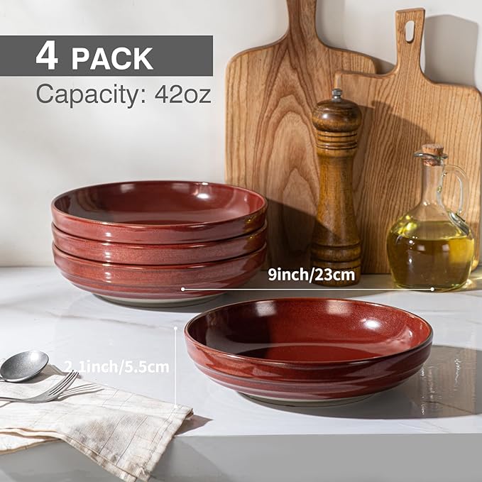 HAPPY KIT 9'' Pasta Bowls, 42oz Pasta Bowls Set of 4, Large Salad Bowl, Ceramic Serving Bowls,Double Reactive Glaze, Ideal for Housewarming, Festivals, Microwave Safe (Dark Ruby)