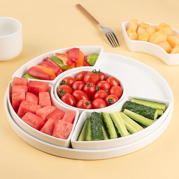 12.8" Serving Tray and Platters, Divided Serving Dishes, Serving Trays for Entertaining, Appetizer Serving Tray, 6 Removable Serving Dishes Set for Chips and Dip, Veggies, Candy and Snacks, White