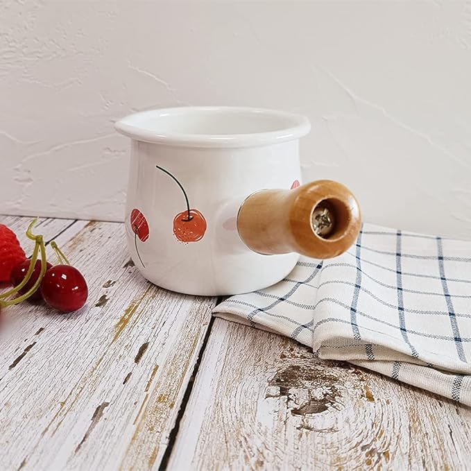 Enamel Milk Pot, Small Saucepan Butter Warmer 4 Inch 17 Oz with Wooden Handle for Heating Smaller Liquid Portions