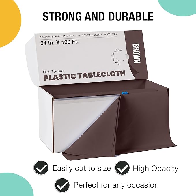 Exquisite Party Solids 54 Inch X 100 Feet Brown Plastic Table Cover Roll in A Cut - to - Size Box with Convenient Slide Cutter. Cuts Up to 12 Rectangle 8 Feet Plastic Disposable Tablecloths