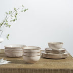 Famiware Moonlight Plates and Bowls Sets, 24 Pieces Stoneware Dinnerware Sets with Linen Finish, Dishware set for 8, Microwave and Dishwasher Safe, Chip and Scratch Resistant, Summer Sand