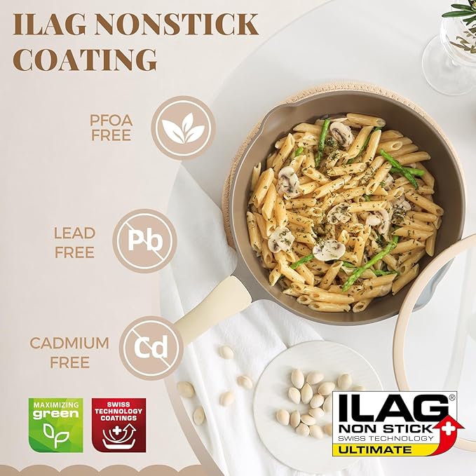 Nonstick Deep Frying Pan with Glass Lid, 12 Inch (4.8 qt), 5X Durable Nonstick Sauté Pan, Scratch & Stain Resistant, PFOA Free, Induction Compatible, Dishwasher & Oven Safe, Natural Linen