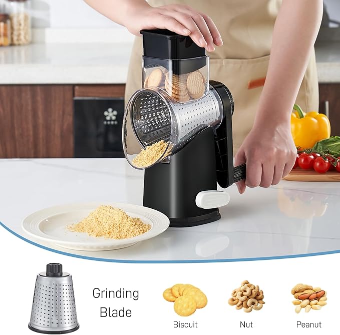 VEKAYA Cheese Grater, Cheese Grater Hand Crank, 4 Interchangeable Blades Cheese Shredder, Vegetable Slicer, Non-slip Suction Base, Easy to Clean Rotary Grater with Handle (Black)