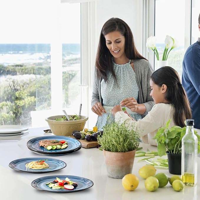 glowworm 10 Inch Ceramic Dinner Plates Set of 4, Salad Plates for Steak, Pasta, Microwave, Oven & Dishwasher Safe, Scratch Resistant, Navy Blue