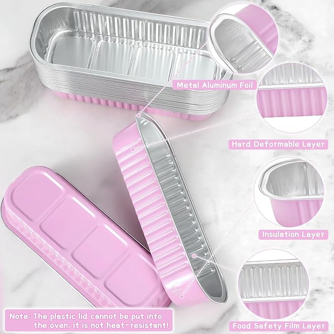 200 Pack Mini Loaf Pans Mini Cake Pans with Lids and Spoons Sealing Sticker, 6.8oz Rectangle Aluminum Foil Baking Pans Disposable Loaf Cake Pan for Baking (Pink)