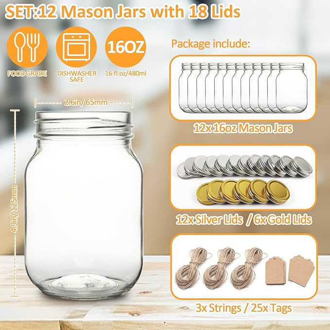 Mason Jars 16 oz 12Pack with 6 Extra Lids, Glass Pint Canning Jars 16 oz - 16oz mason jars with silver lids and extra 6 gold lids for Canning/Preserving/Meal Prep