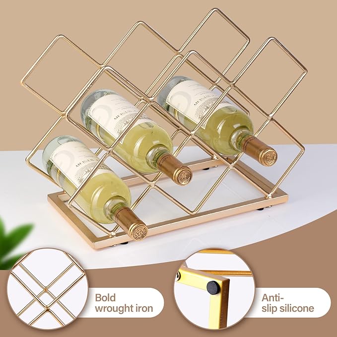 Countertop Wine Rack - 10 Bottle Freestanding Modern Gold Metal Small Wine Rack - Tabletop Wine Holder Stand for Cabinet, Pantry, Wine Bottle Storage…