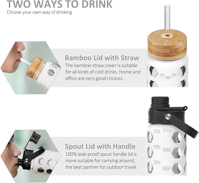MUKOKO 24oz Glass Water Bottle with 2 Lids-Handle Flip Lid&Bamboo Straw Lid,Motivational Water Tumbler with Time Marker Reminder and Silicone Sleeve, Leakproof-White