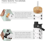 MUKOKO 24oz Glass Water Bottle with 2 Lids-Handle Flip Lid&Bamboo Straw Lid,Motivational Water Tumbler with Time Marker Reminder and Silicone Sleeve, Leakproof-White