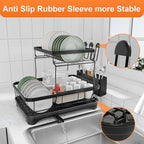 Dish Drying Rack Two-Tier Drying Rack with Utensil Holder, Auto-Draining Dish Rack for Kitchen Counter, Large Capacity for Plates, Bowls, Cups, Dish Drainer with Drainboard, Black