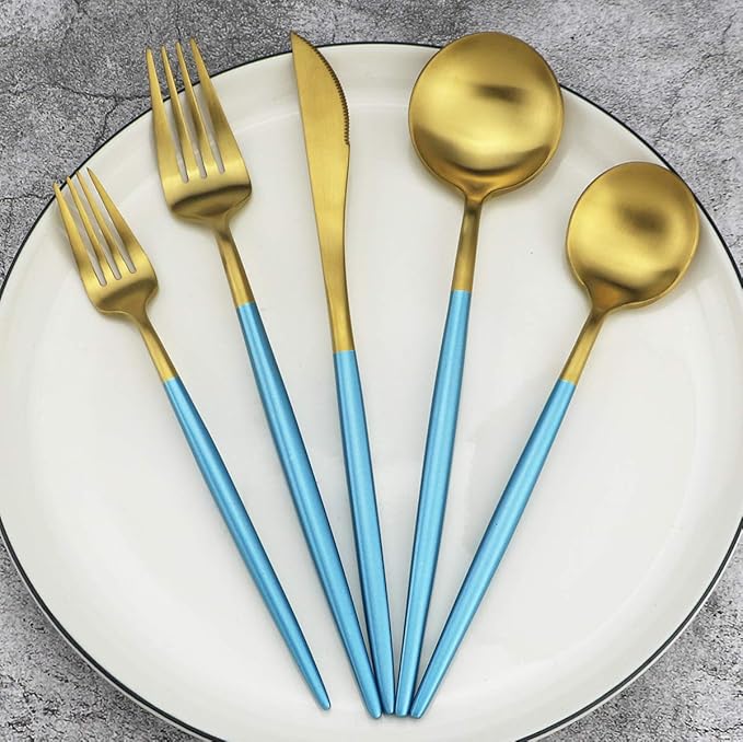 Gugrida 20-Piece 18/10 Stainless Steel Flatware Silverware, Luxury Dinnerware Set Travel Cutlery Tableware Include Knife Fork Spoon Service for 4, Dishwasher Safe (Blue Handle Matte Gold)
