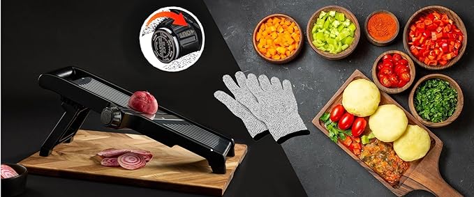Adjustable Stainless Steel Mandoline Slicer for Kitchen – Sharp & Durable Vegetable and Fruit Cutter with Non-Slip Grip, Safety Gloves, Cleaning Brush – Easy-Clean & Dishwasher-Safe