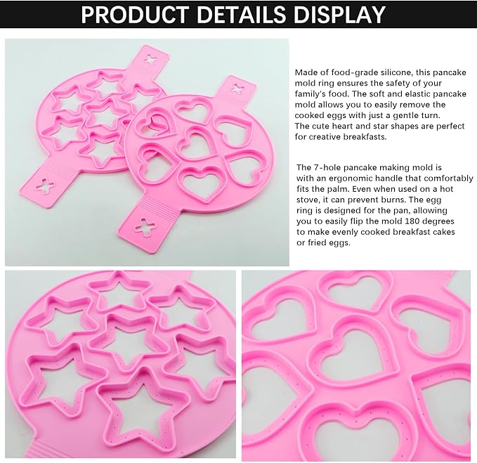 Pancake and Egg Mold 7 Cavity,Reusable Non-Stick Silicone Heart Star Shape Mold with Handle for Making Mini Pancakes, Fried Eggs, Muffins, Burgers
