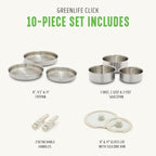 GreenLife 10 Piece Stainless Steel Pots and Pans, Detachable & Stackable Kitchen Set, Tri Ply Clad PFAS Free Cookware, Space Saving with Removable Handle, Induction & Oven Safe, RV Cookware, Glass Lid