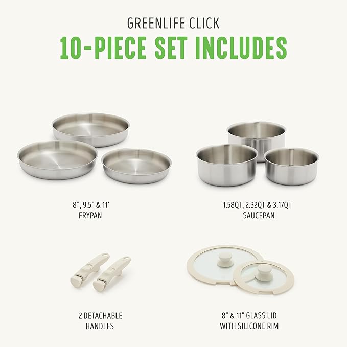 GreenLife 10 Piece Stainless Steel Pots and Pans, Detachable & Stackable Kitchen Set, Tri Ply Clad PFAS Free Cookware, Space Saving with Removable Handle, Induction & Oven Safe, RV Cookware, Glass Lid